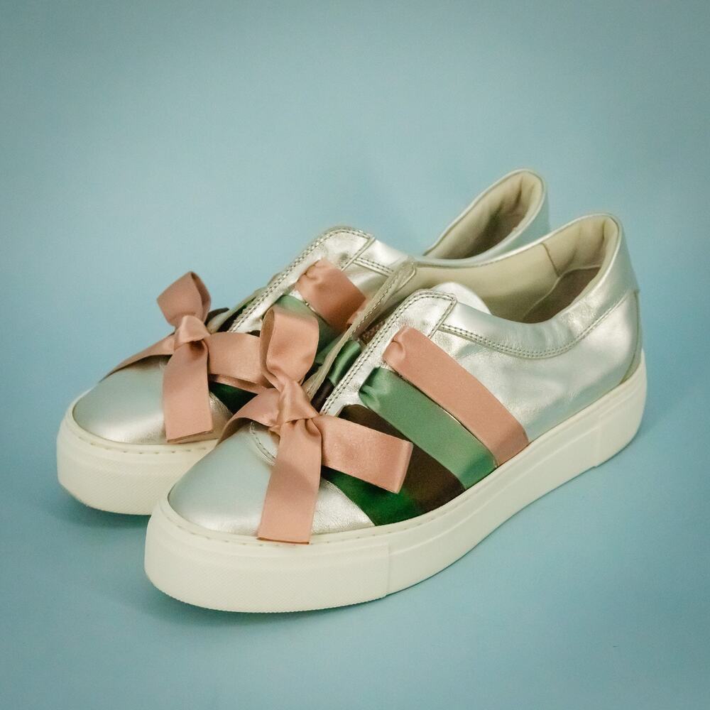 AGL 41 Size 11 US Silver Pink Metallic Bow Slip On Low Platform Sneakers Shoes